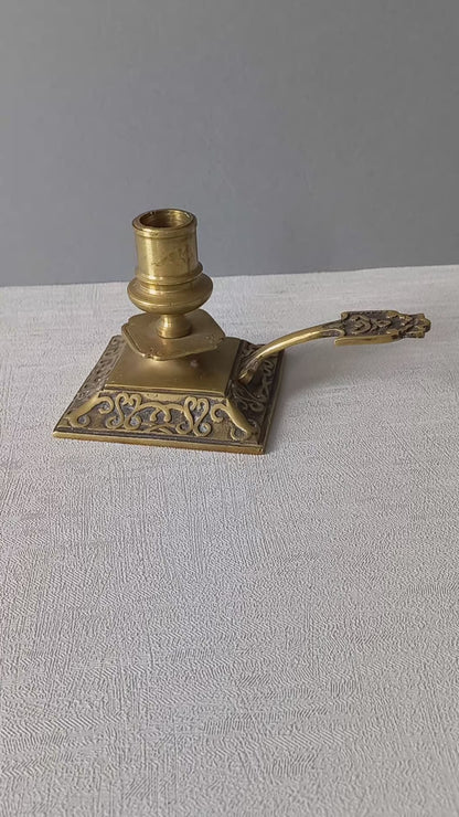 Decorative brass chamber stick for candle, small antique candle holder