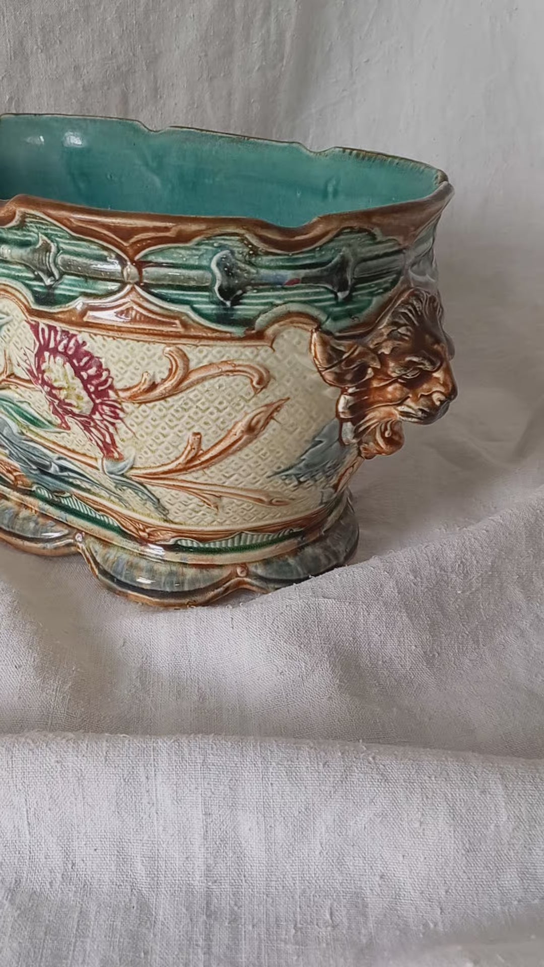Large Antique Wasmuel Majolica Jardiniere Planter (Late 19th Century)