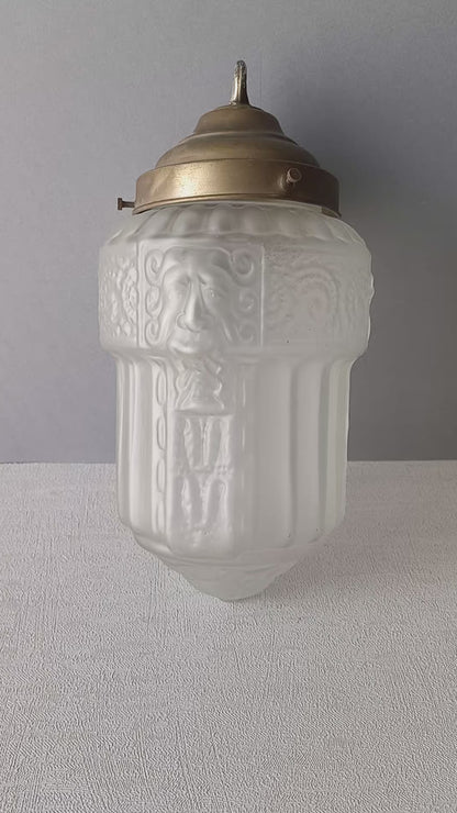 Small art deco decorative hanging lamp with decorative frosted glass lampshade from France