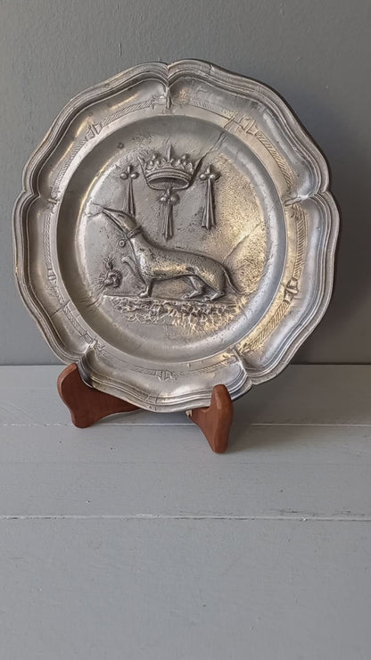 Small vintage pewter coat of arms plate from France, embossed salamander coat of arms