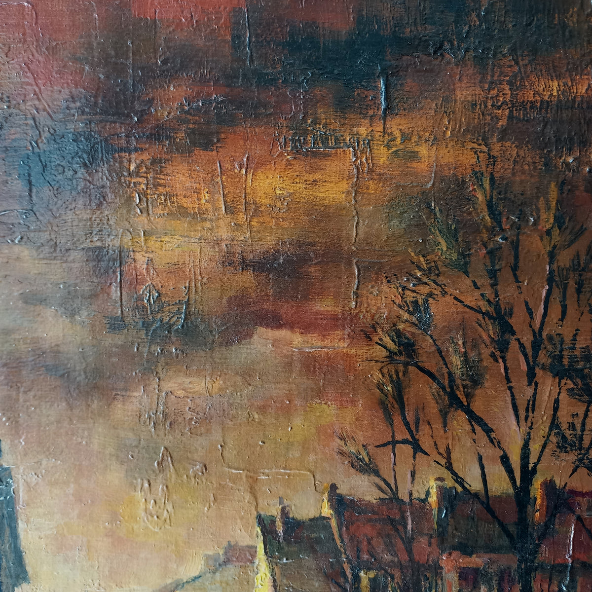 Abstract painting with warm tones and a tree silhouette
