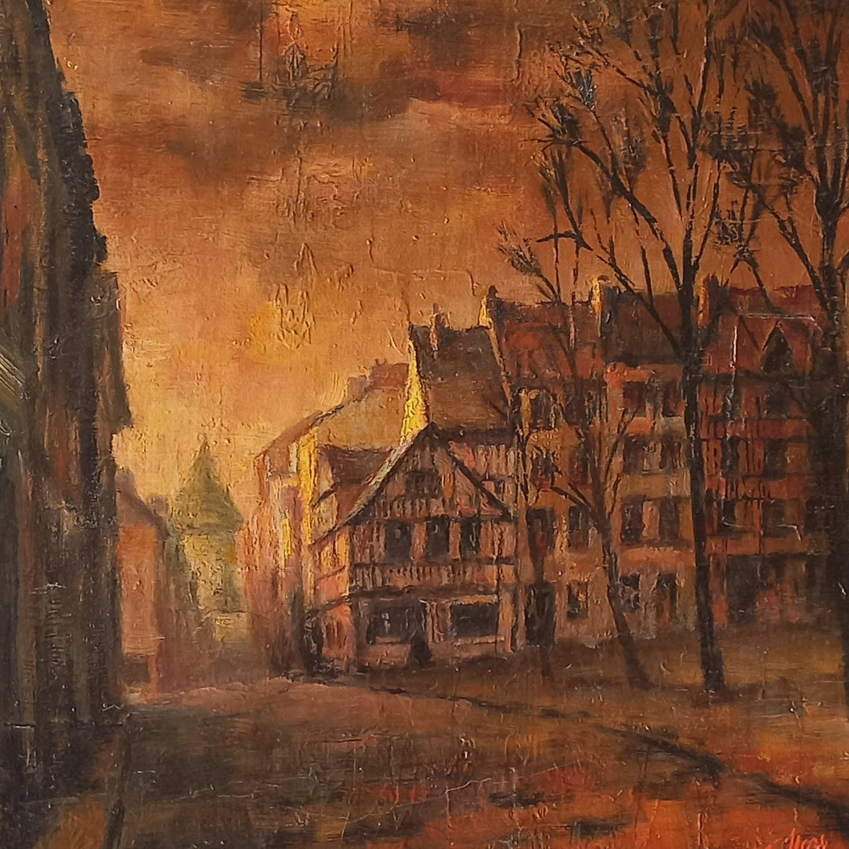 Small oil painting of a street scene with buildings and trees on a gray background