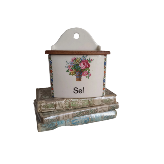 Salière vintage française en céramique avec couvercle en bois, décoration de cuisine et rangement