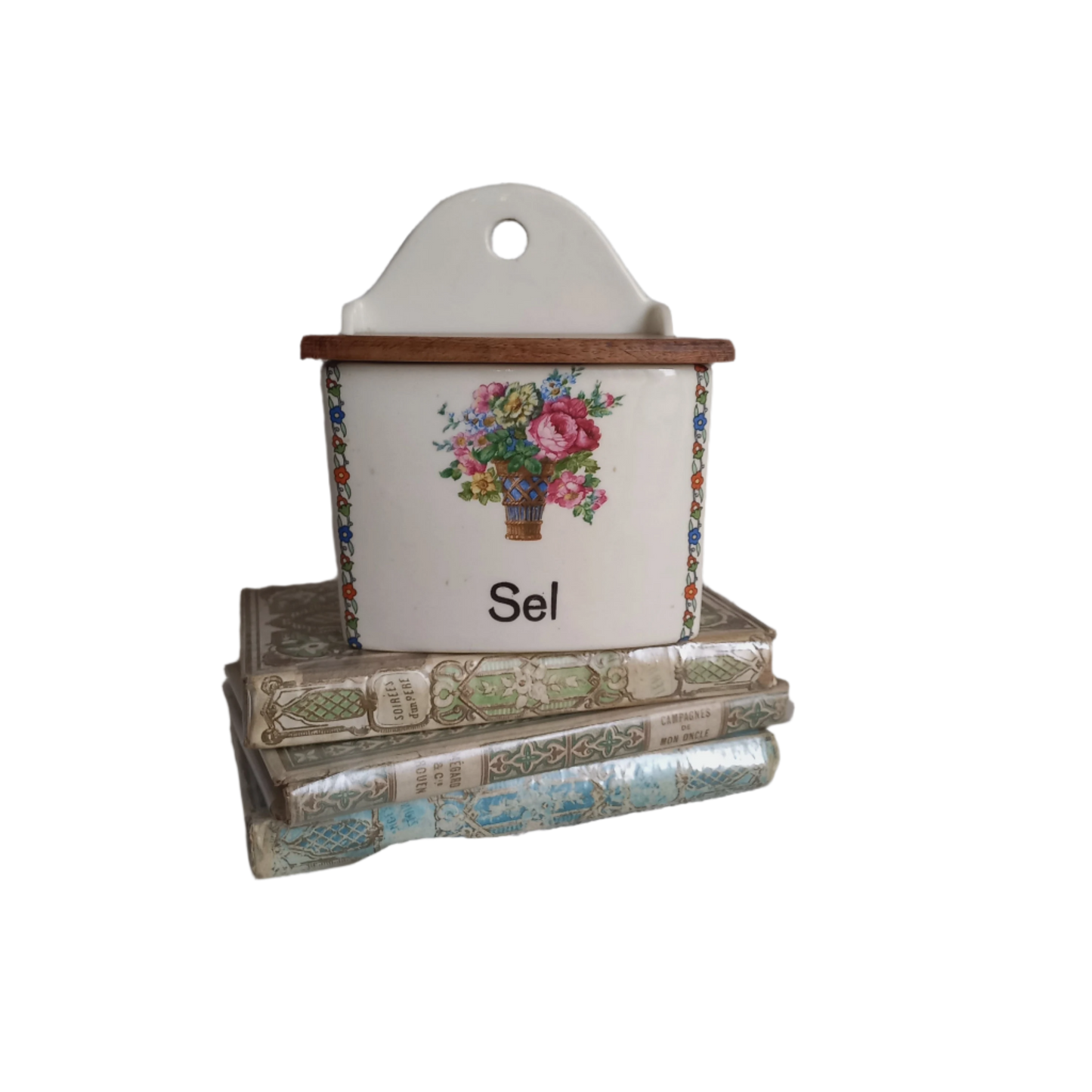 French vintage ceramic salt cellar with wooden lid, kitchen decor and storage