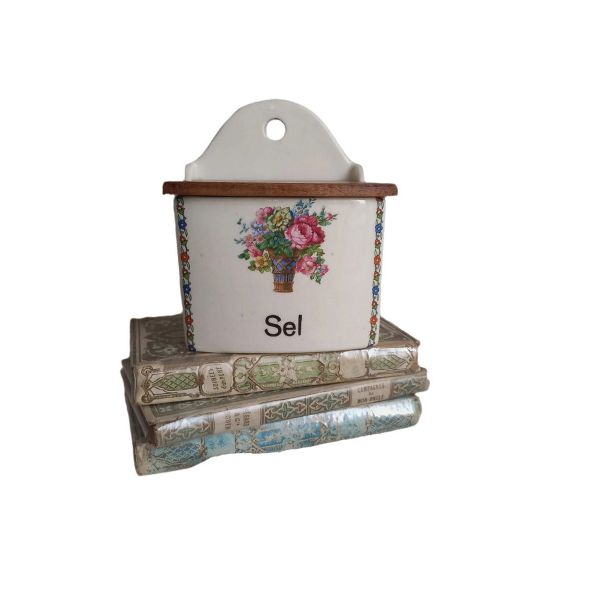French vintage ceramic salt cellar with wooden lid, kitchen decor and storage
