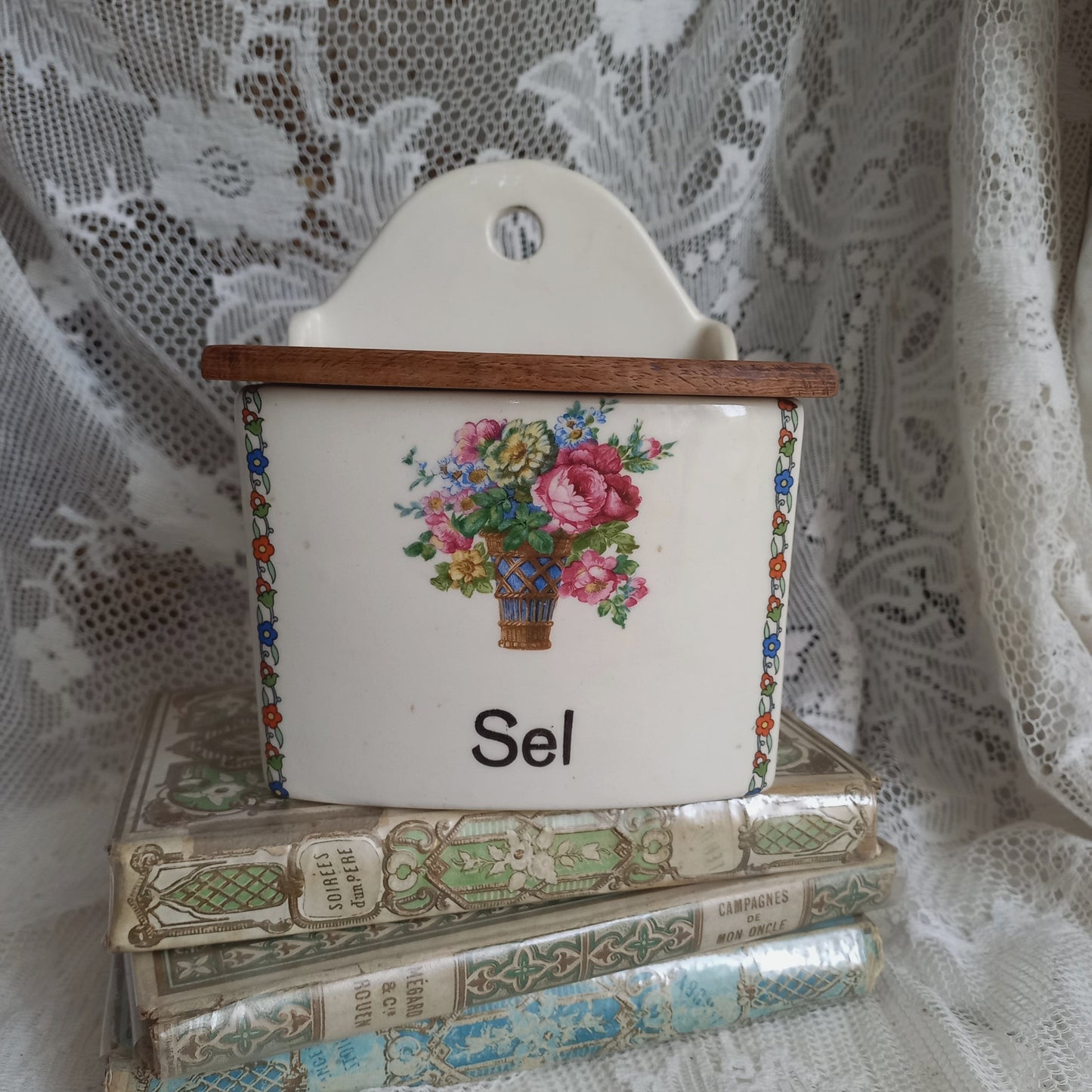 French vintage ceramic salt cellar with wooden lid, kitchen decor and storage