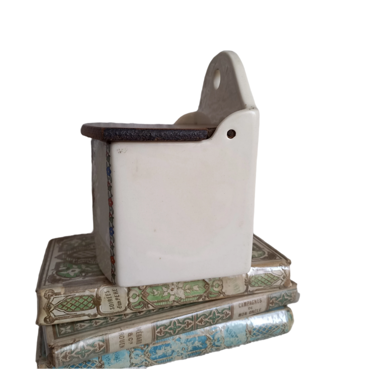 French vintage ceramic salt cellar with wooden lid, kitchen decor and storage