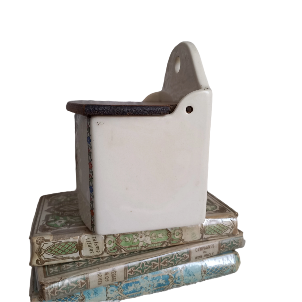 French vintage ceramic salt cellar with wooden lid, kitchen decor and storage