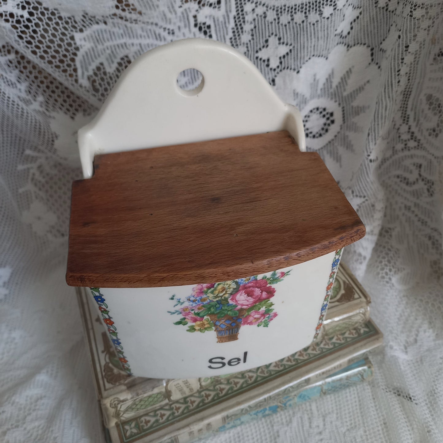 French vintage ceramic salt cellar with wooden lid, kitchen decor and storage