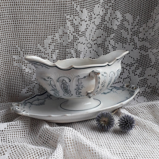 French antique ironstone sauce boat or gravy boat with teal floral pattern