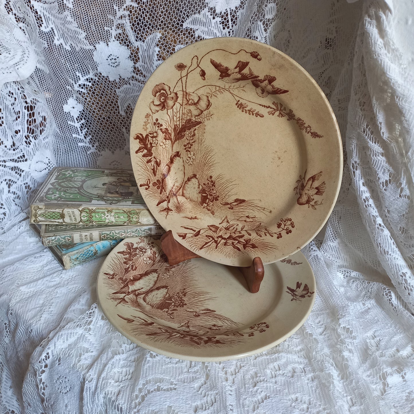 Tea stained ironstone plates with sepia bird patterns by Jules Veillard Bordeaux, French antique shabby chic plates