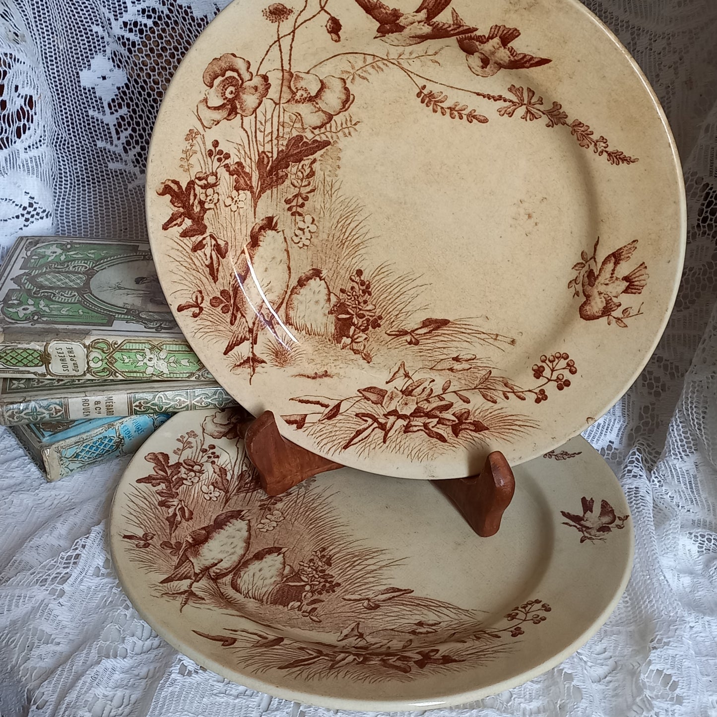 Tea stained ironstone plates with sepia bird patterns by Jules Veillard Bordeaux, French antique shabby chic plates