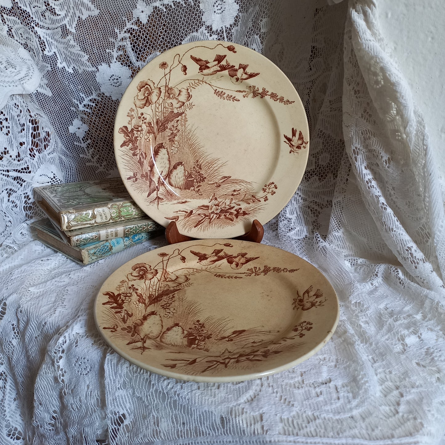 Tea stained ironstone plates with sepia bird patterns by Jules Veillard Bordeaux, French antique shabby chic plates