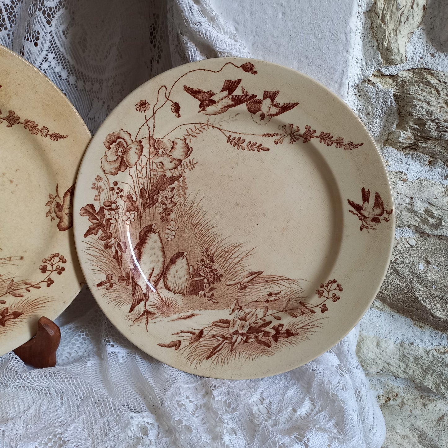 Tea stained ironstone plates with sepia bird patterns by Jules Veillard Bordeaux, French antique shabby chic plates