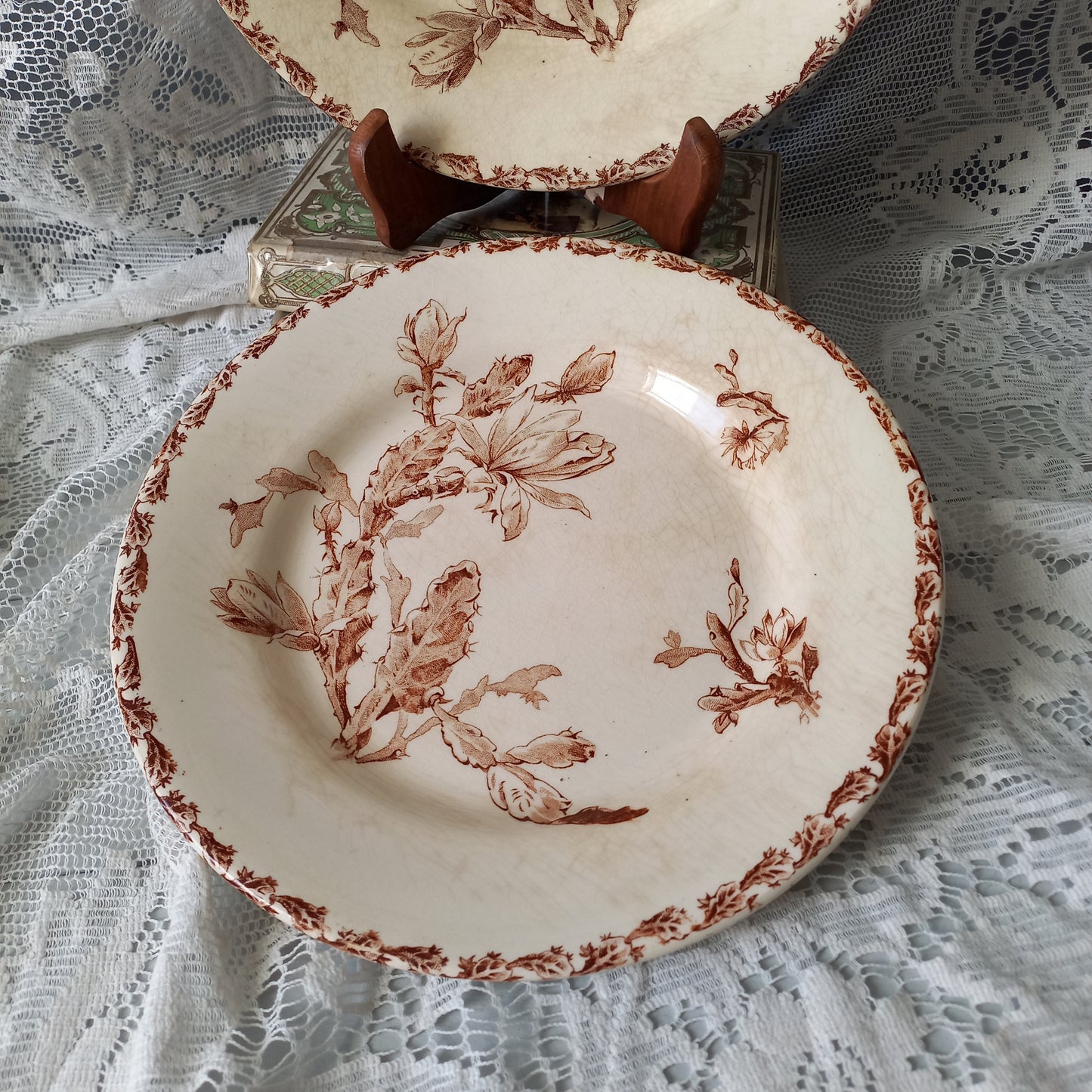 Creamy white ironstone plates with floral sepia pattern, antique time worn plates, shabby chic country home decor