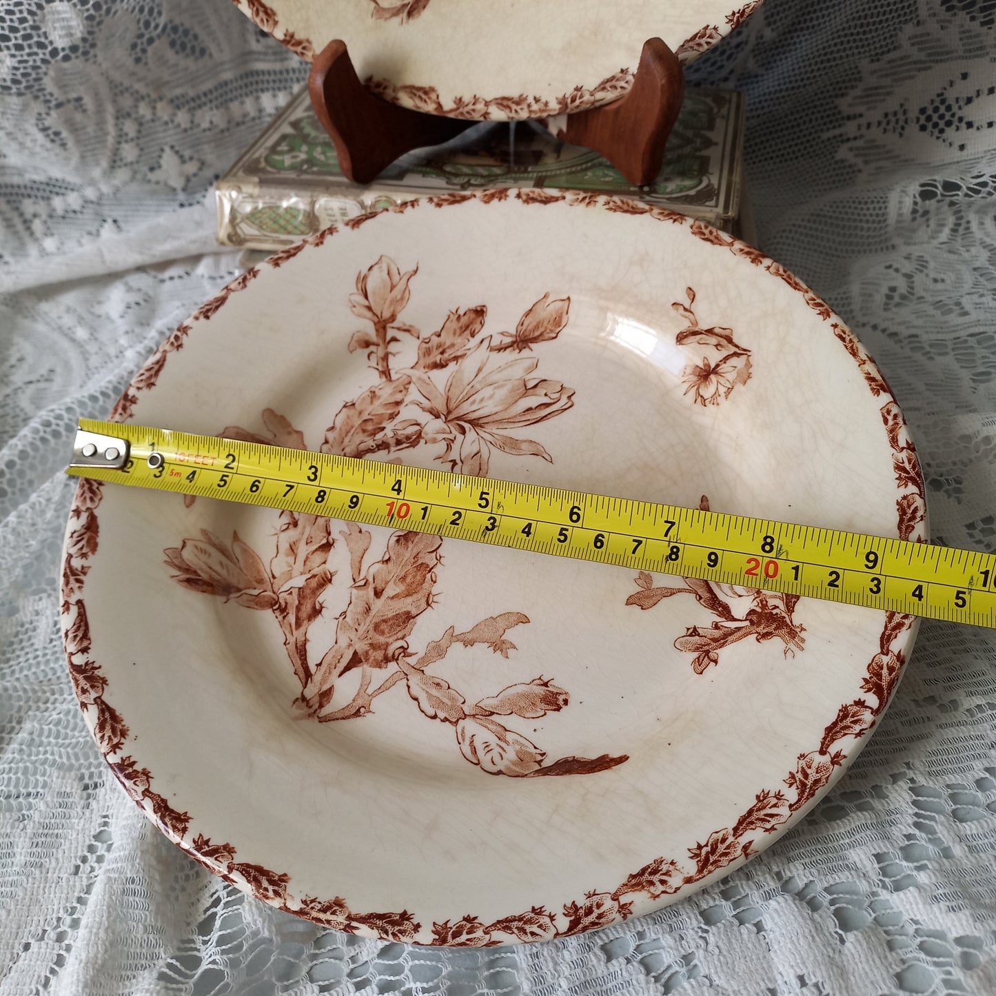 Creamy white ironstone plates with floral sepia pattern, antique time worn plates, shabby chic country home decor