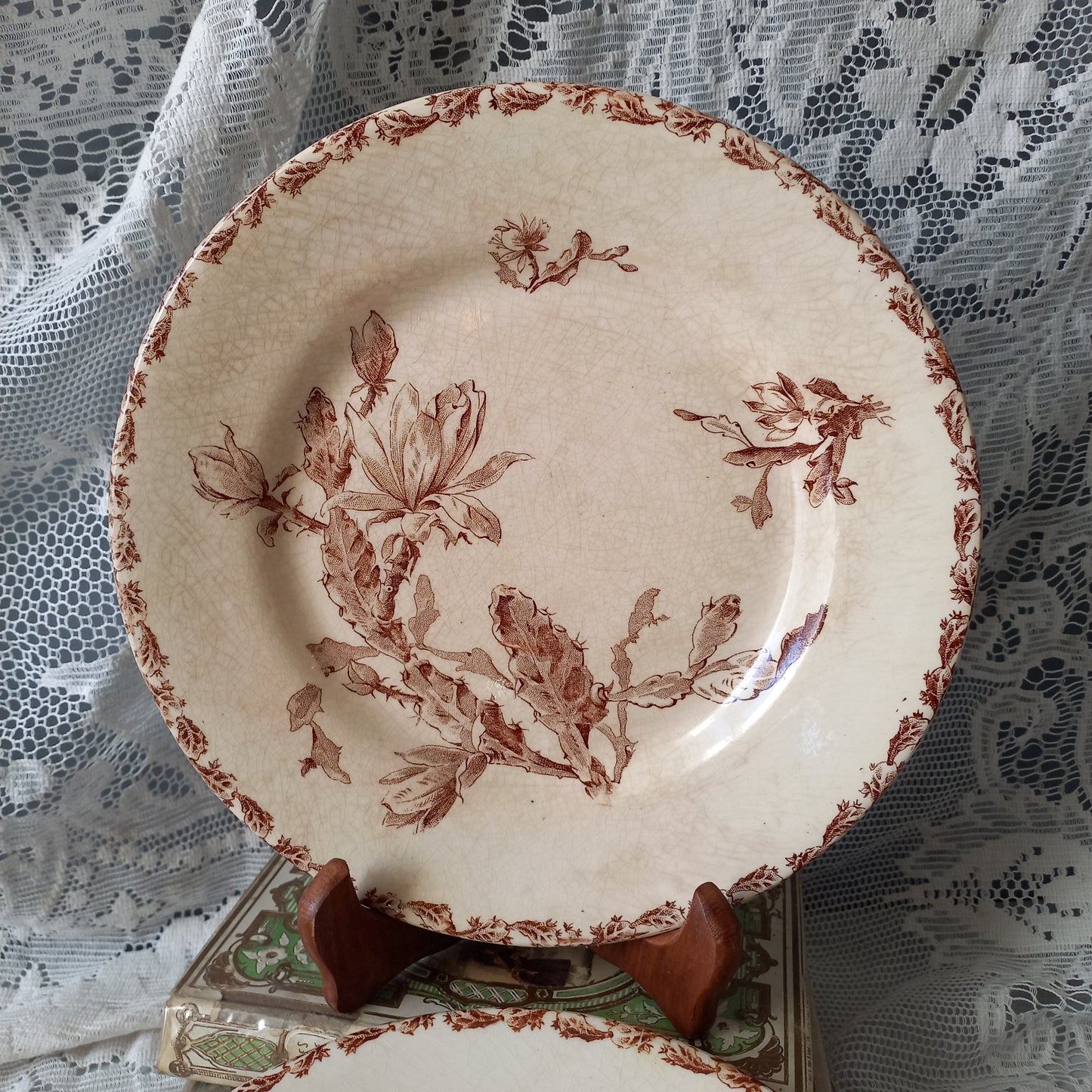 Creamy white ironstone plates with floral sepia pattern, antique time worn plates, shabby chic country home decor