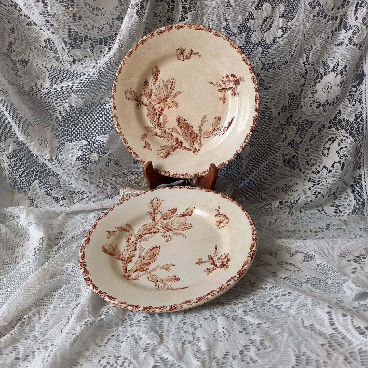 Creamy white ironstone plates with floral sepia pattern, antique time worn plates, shabby chic country home decor