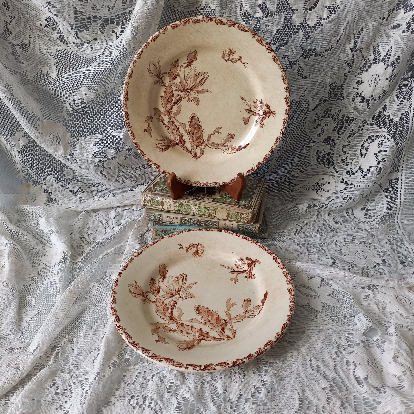 Creamy white ironstone plates with floral sepia pattern, antique time worn plates, shabby chic country home decor