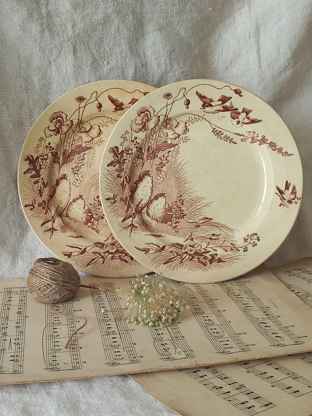 Two decorative plates with floral and bird patterns on a surface with music sheets.