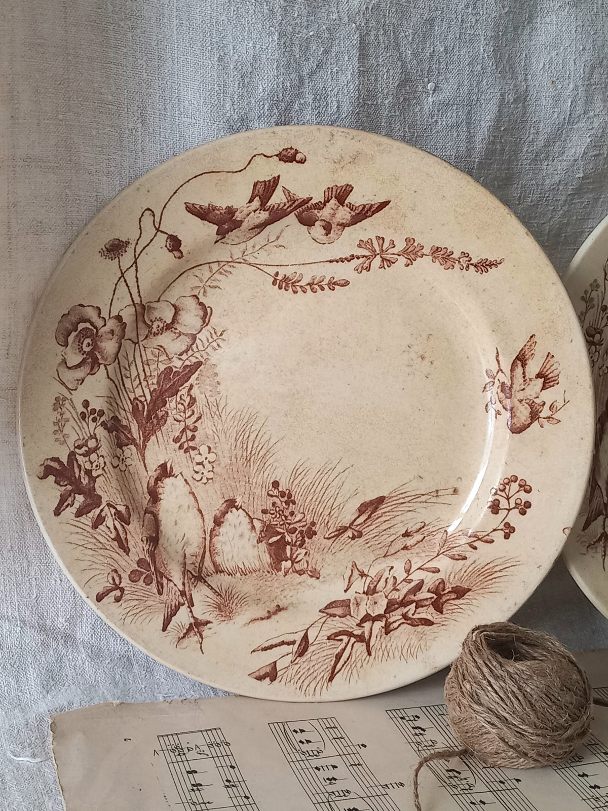 Decorative plate with floral and nature design on a textured surface