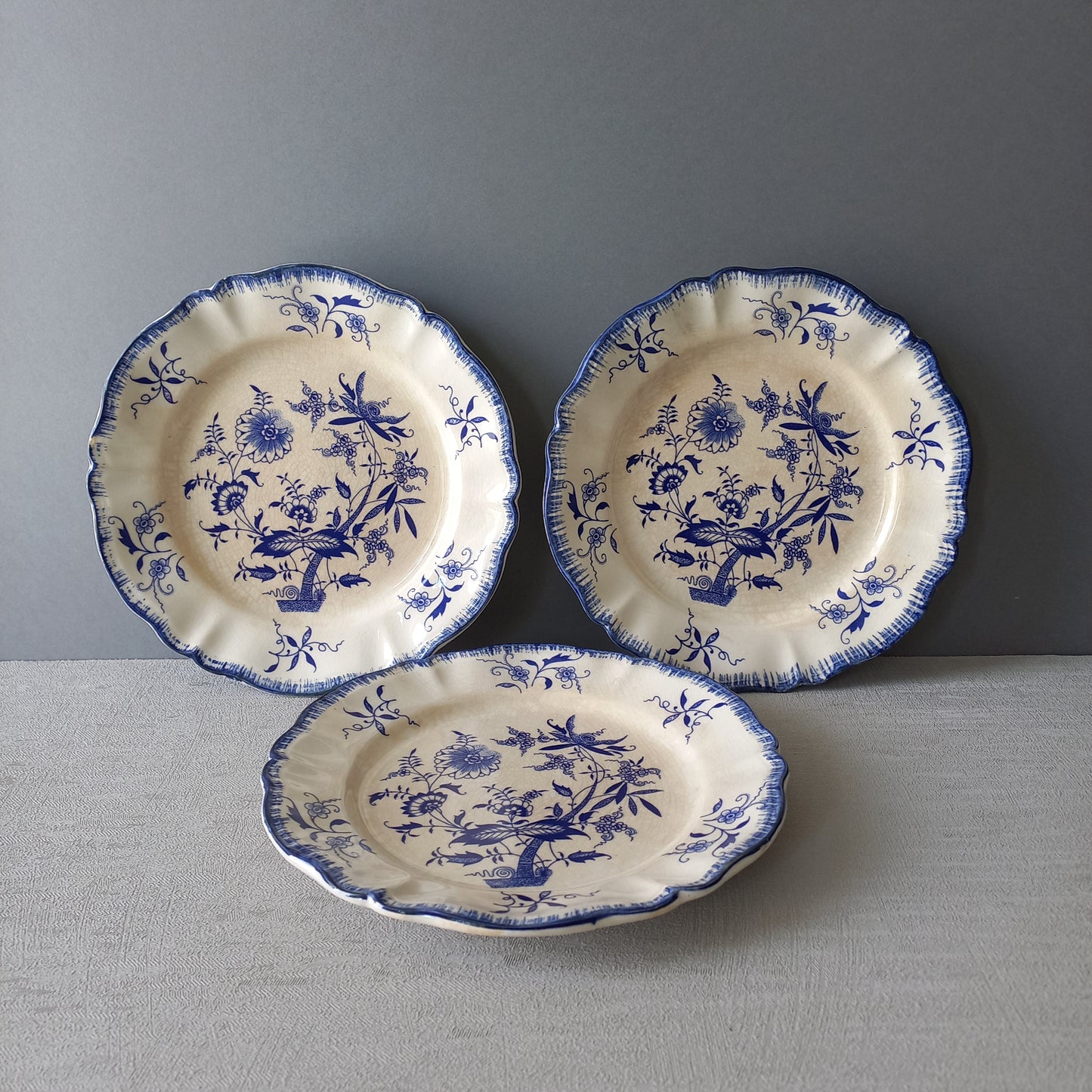 Petites assiettes anciennes en grès blanc à motifs floraux bleus de France