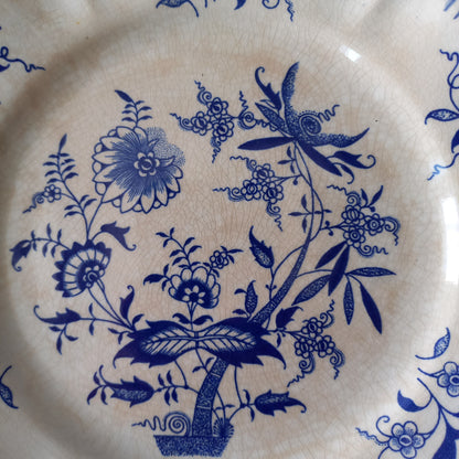 Petites assiettes anciennes en grès blanc à motifs floraux bleus de France