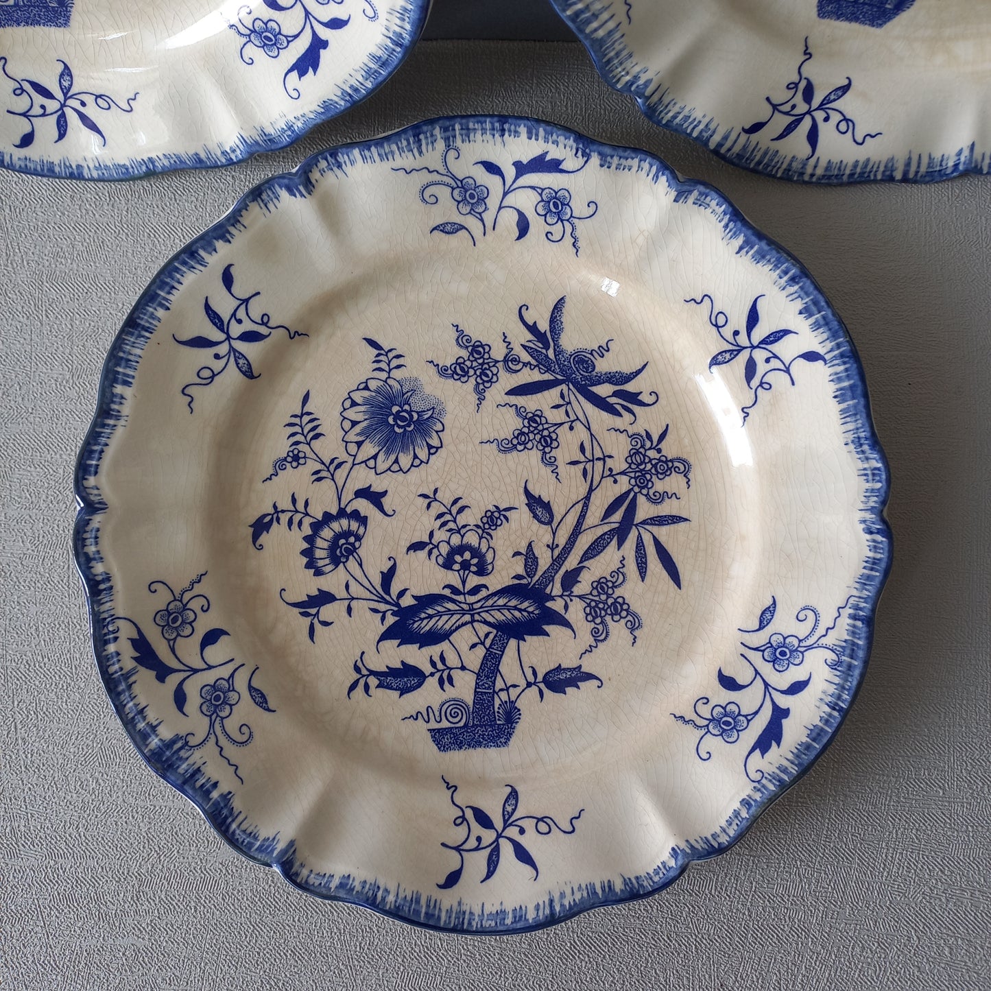 Petites assiettes anciennes en grès blanc à motifs floraux bleus de France