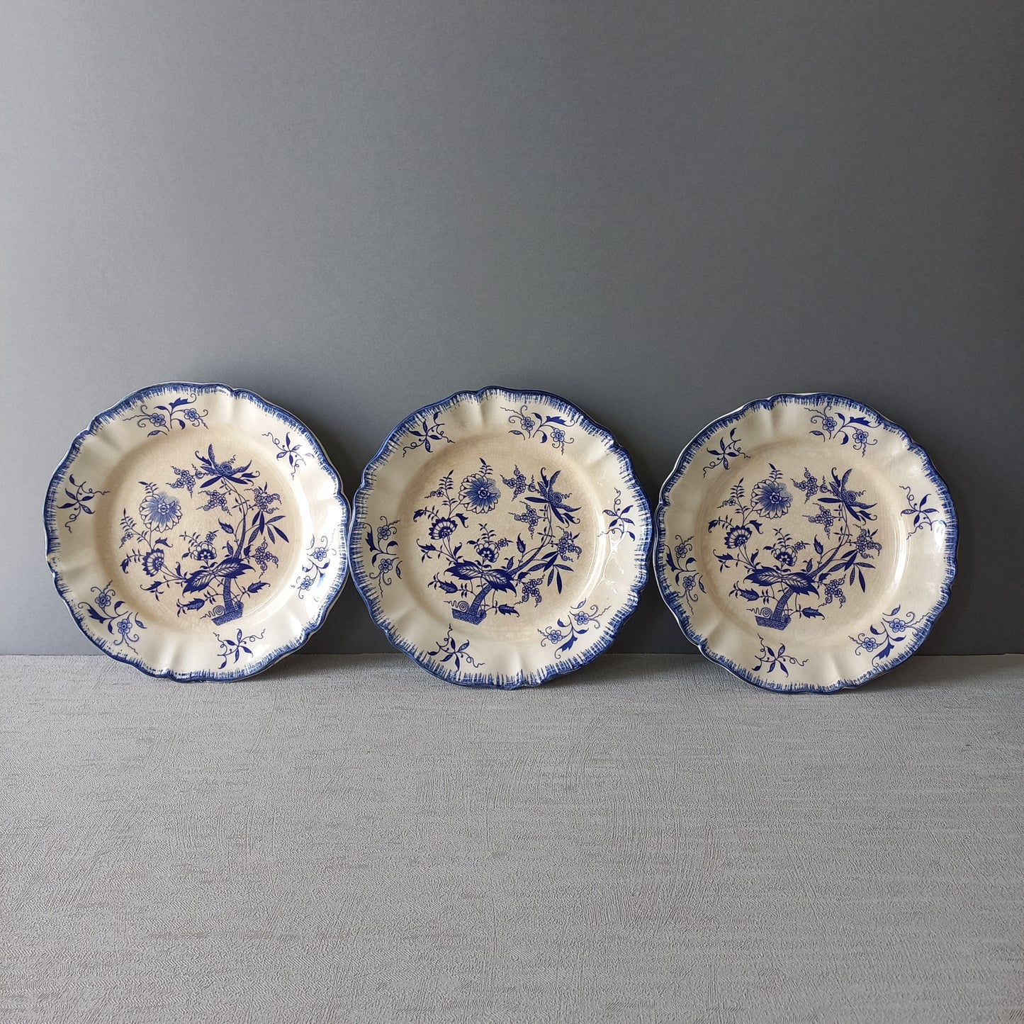 Petites assiettes anciennes en grès blanc à motifs floraux bleus de France