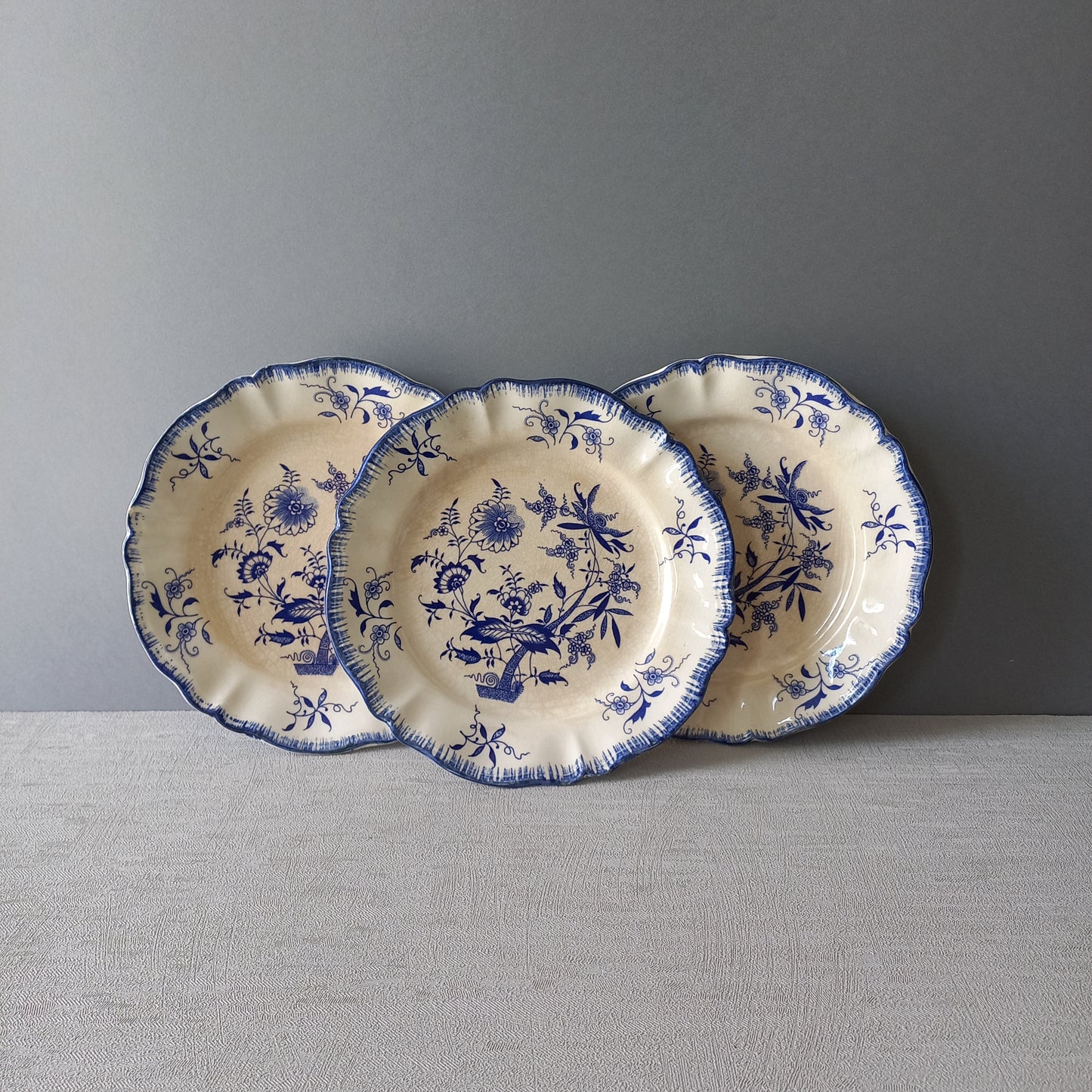 Petites assiettes anciennes en grès blanc à motifs floraux bleus de France