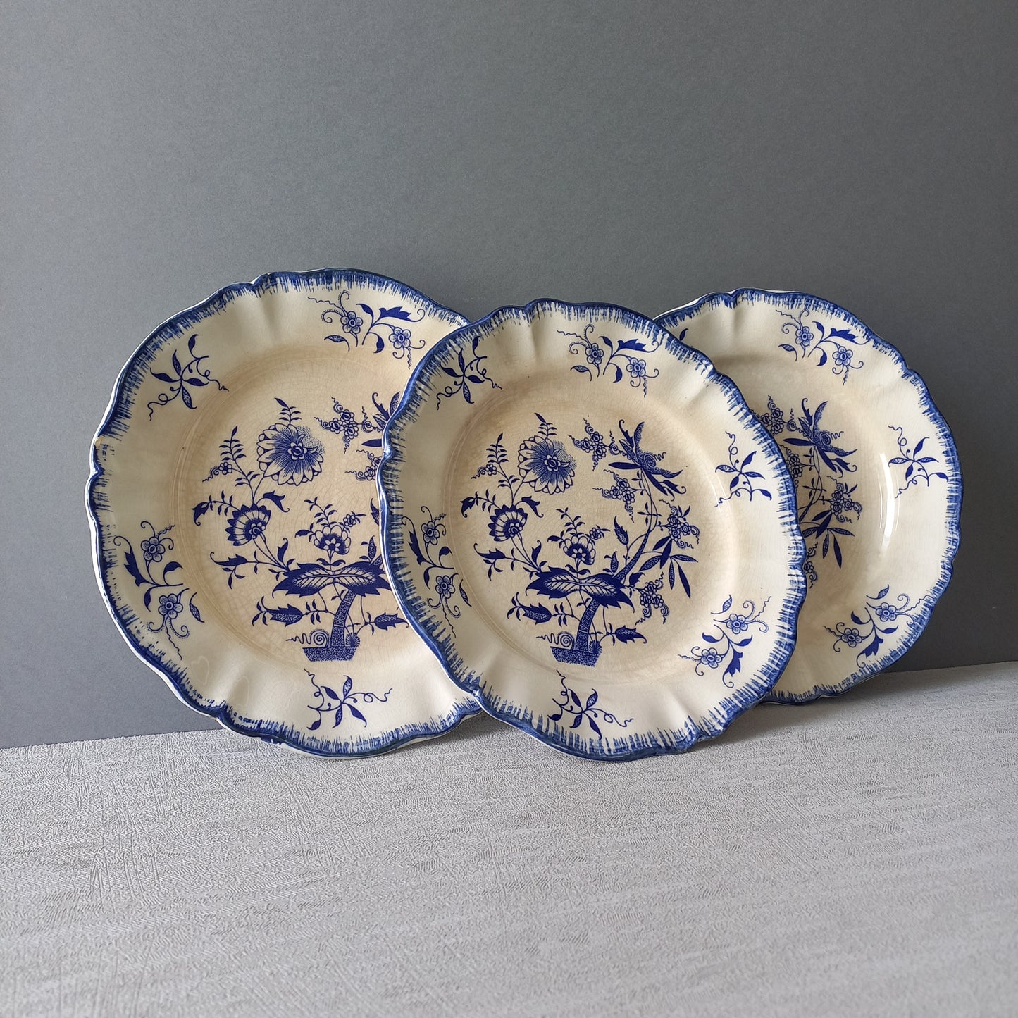 Petites assiettes anciennes en grès blanc à motifs floraux bleus de France