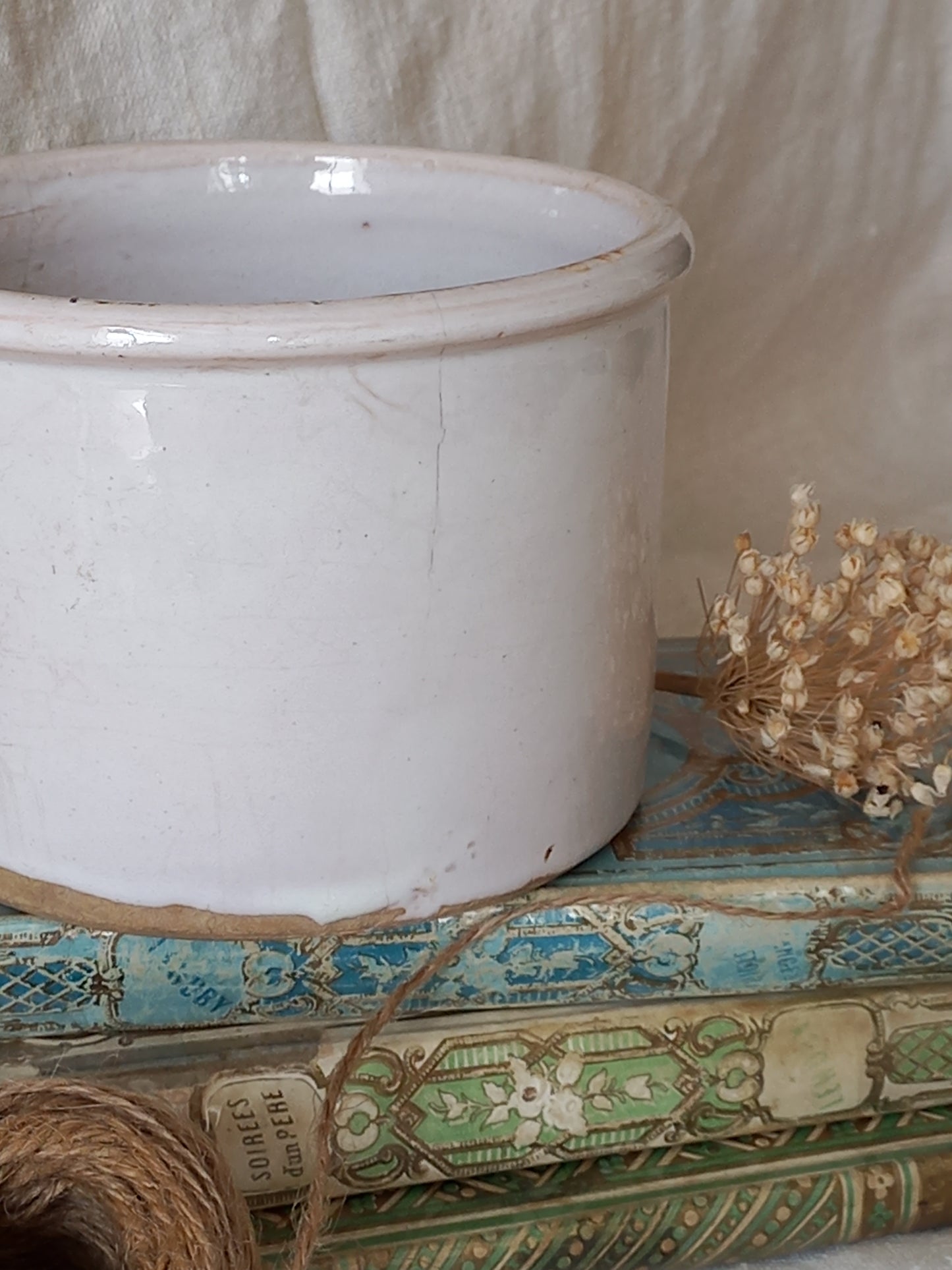Close-up of an antique jam pot on a textured surface, dried flowers, and books on a textured surface