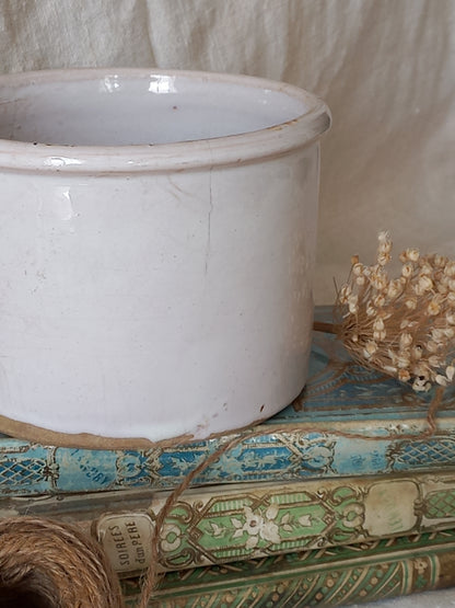 Close-up of an antique jam pot on a textured surface, dried flowers, and books on a textured surface