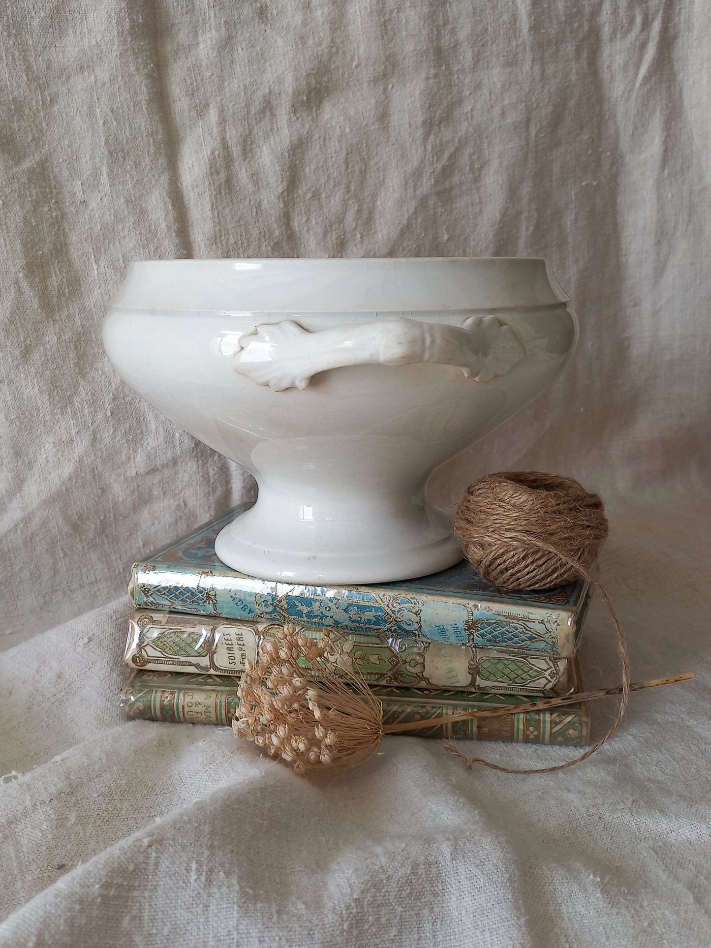 White ironstone bowl on a stack of books with twine and dried flowers against a textured fabric background