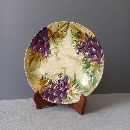 Small antique majolica wall plate with purple grapes from France, decorative home decor