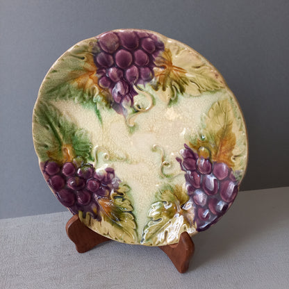 Small antique majolica wall plate with purple grapes from France, decorative home decor