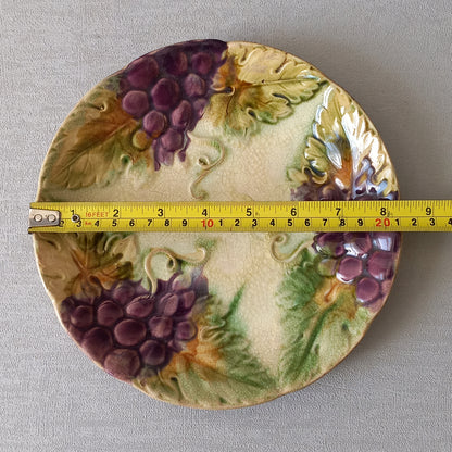 Small antique majolica wall plate with purple grapes from France, decorative home decor