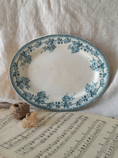 Small French antique oval plate/platter with a blue/green teal floral pattern. 
