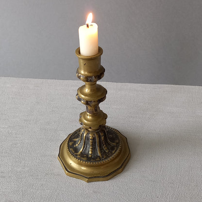 Small French vintage decorative brass bronze candle holder, a heavy piece for its size. Makes a very nice piece of practical home decor or is perfect as a vintage gift.