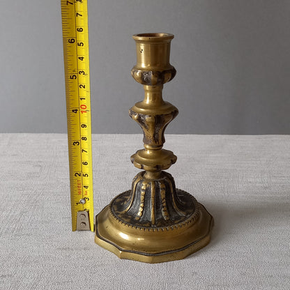 Small French vintage decorative brass bronze candle holder, a heavy piece for its size. Makes a very nice piece of practical home decor or is perfect as a vintage gift.