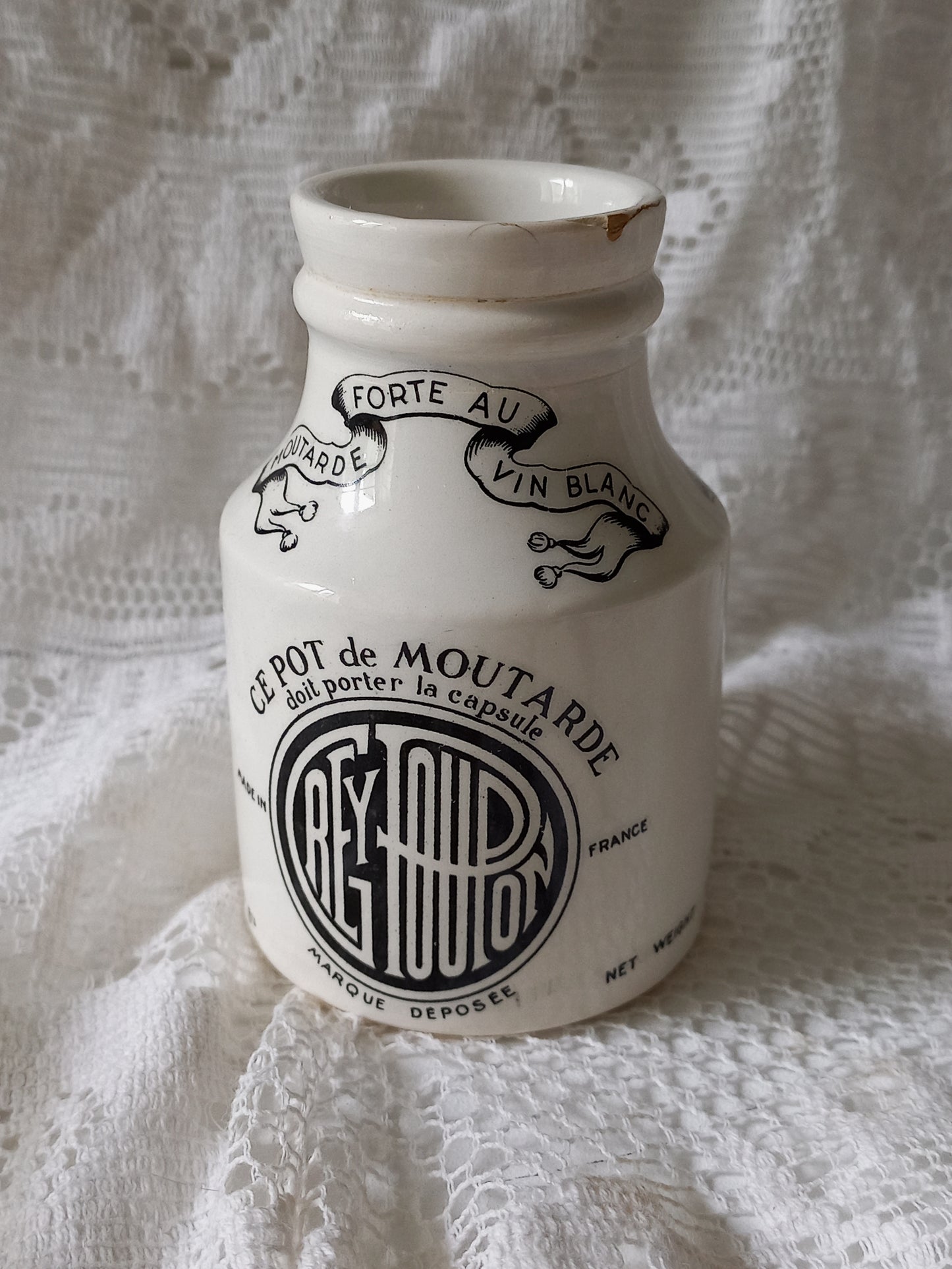 Petit pot à moutarde ancien en terre de fer blanche pour Poupon Gris Dijon par Sarreguemines, Pot Poupon Gris Dijon par Sarreguemines