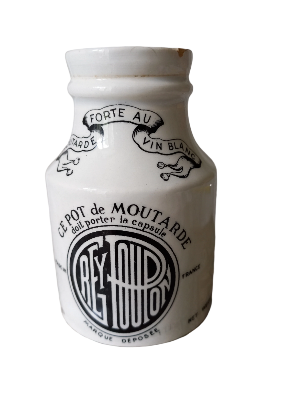 Small French antique white ironstone mustard pot for Dijon Grey Poupon by Sarreguemines, Dijon Grey Poupon Pot by Sarreguemines