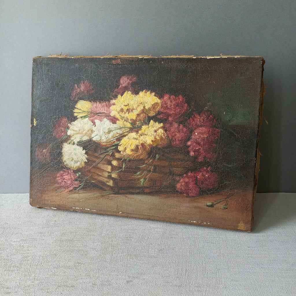 A stunning little French antique floral oil painting, really wonderfully painted with confident brush strokes. This piece is very old as you can see, especially when you view the rear of the canvas - there's a little label to the rear with a Paris mark - probably where the canvas originated.

In summary, beautiful and original antique art from France.