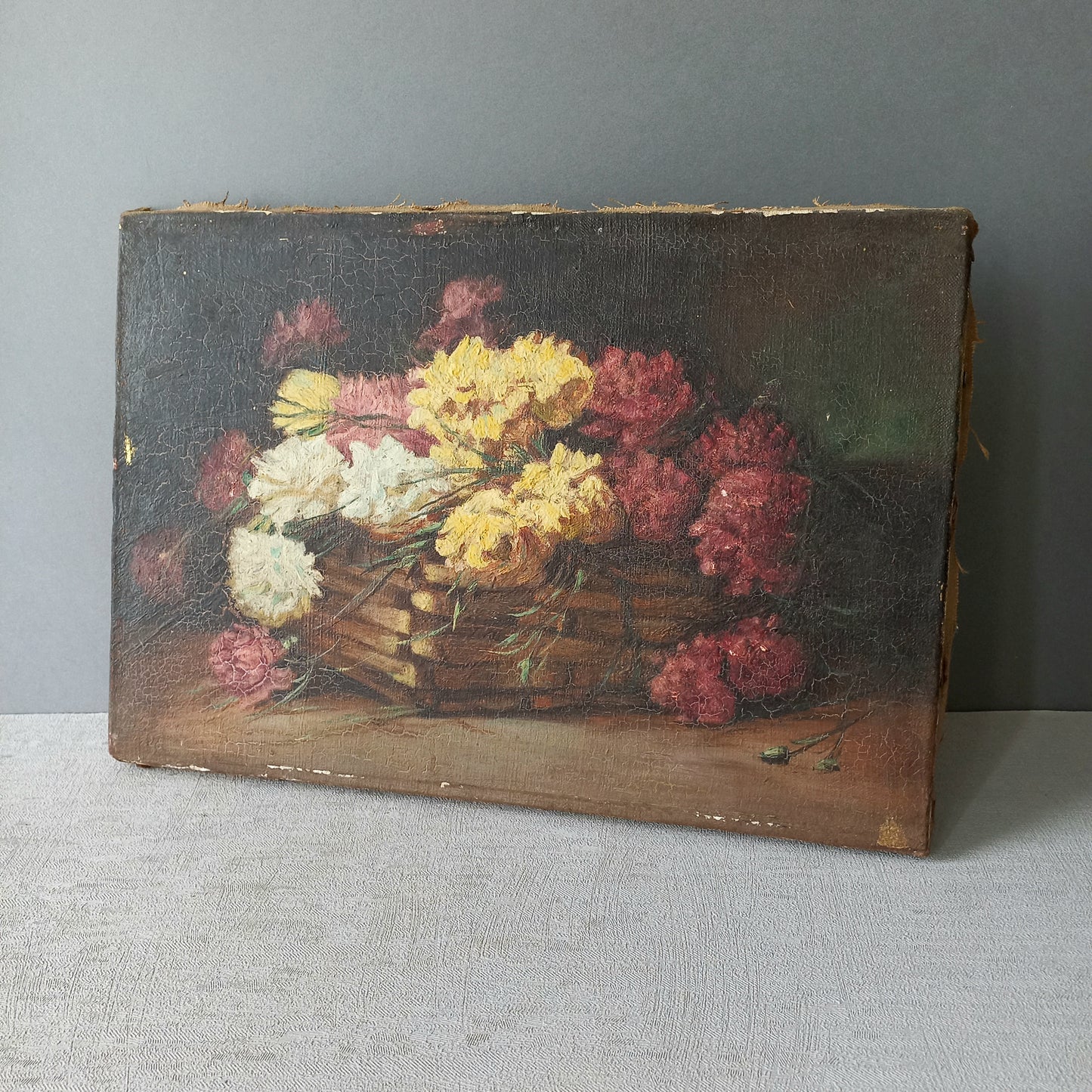 Small French antique floral oil painting on canvas, vintage wall art