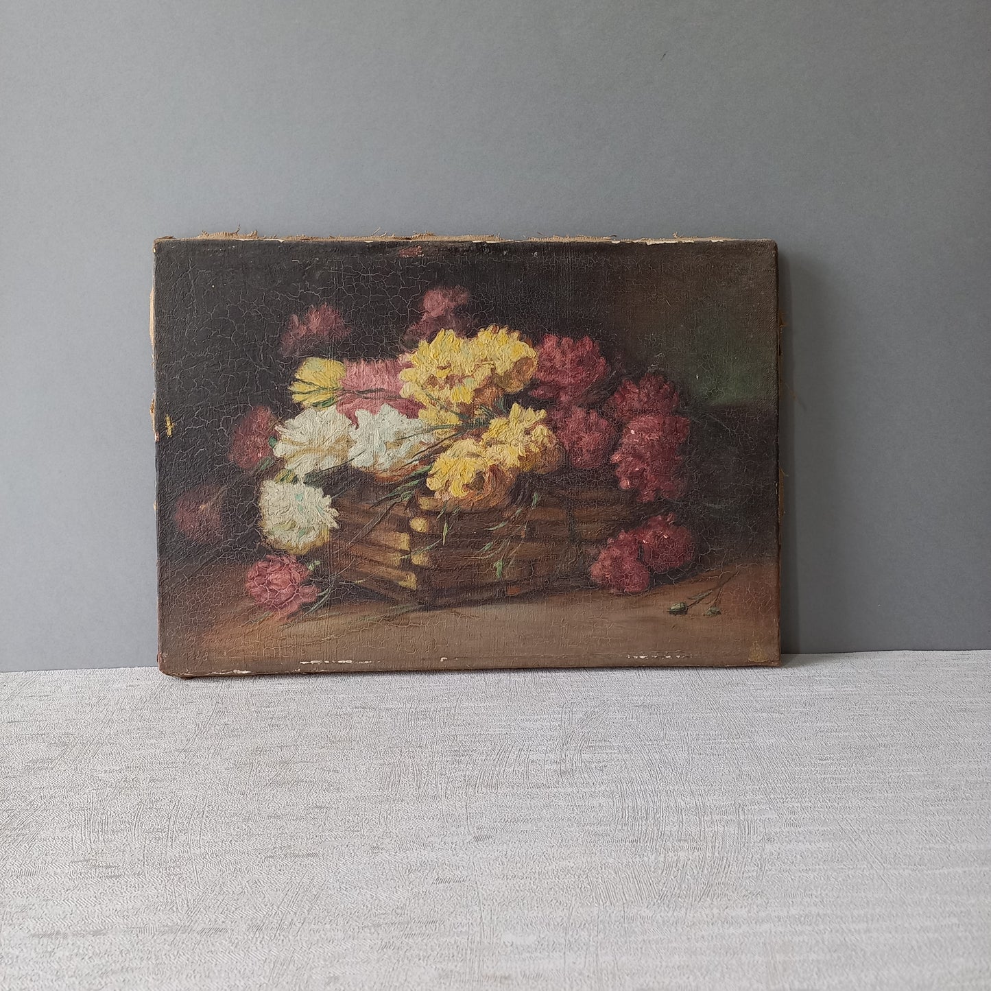 Petite peinture à l'huile florale ancienne française sur toile, art mural vintage 