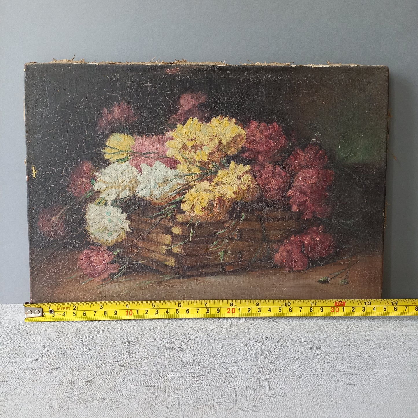 Petite peinture à l'huile florale ancienne française sur toile, art mural vintage 