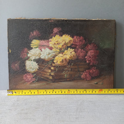 Small French antique floral oil painting on canvas, vintage wall art