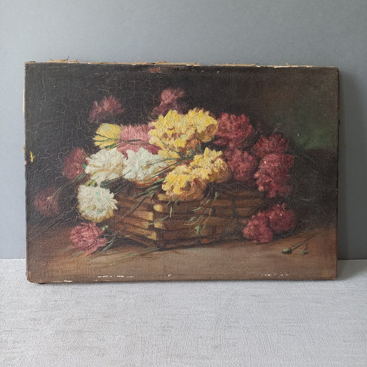 Petite peinture à l'huile florale ancienne française sur toile, art mural vintage 