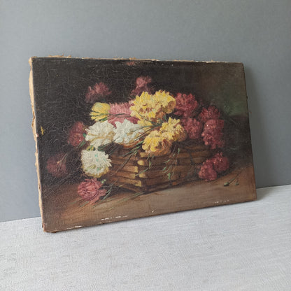 Small French antique floral oil painting on canvas, vintage wall art