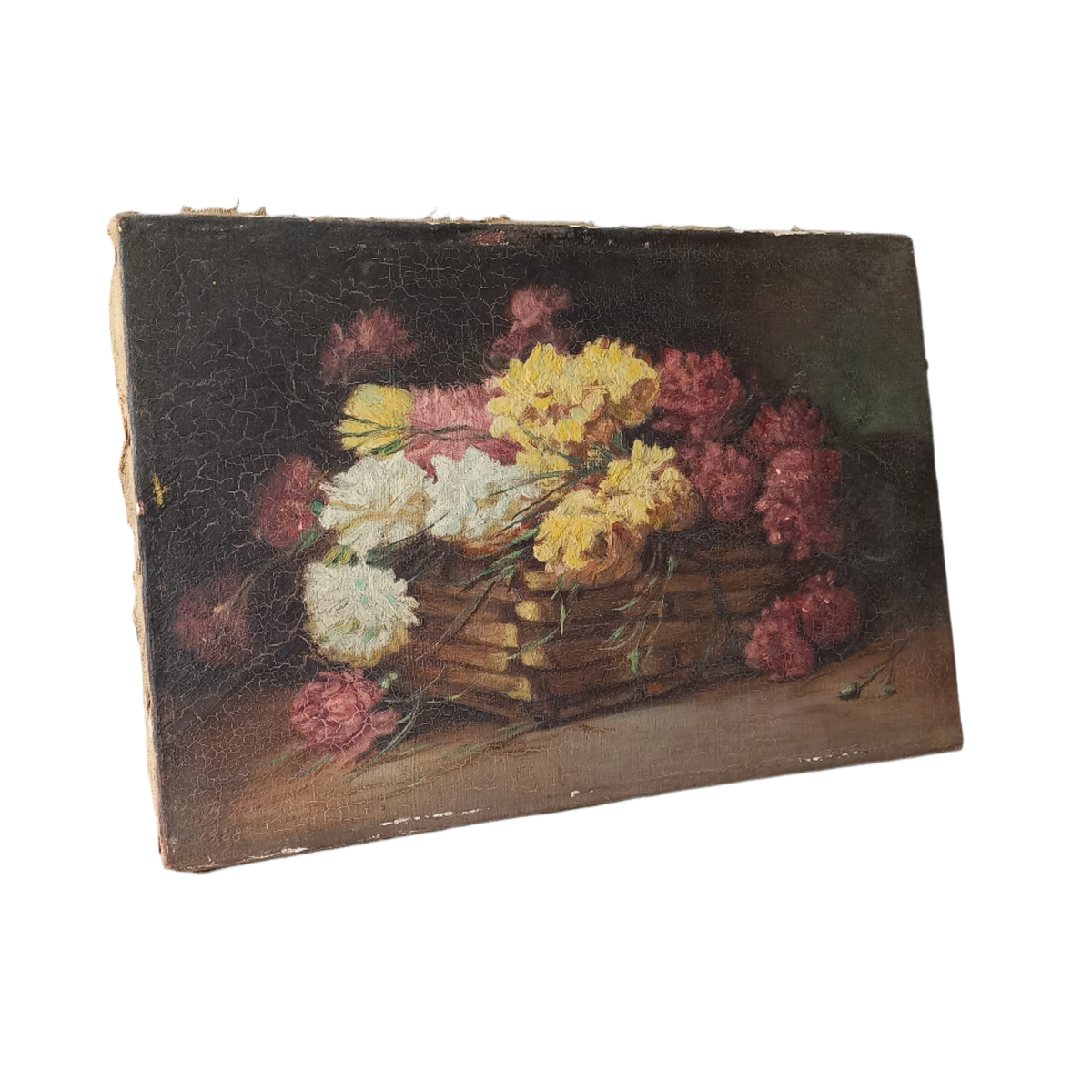 A stunning little French antique floral oil painting, really wonderfully painted with confident brush strokes. This piece is very old as you can see, especially when you view the rear of the canvas - there's a little label to the rear with a Paris mark - probably where the canvas originated.

In summary, beautiful and original antique art from France.
